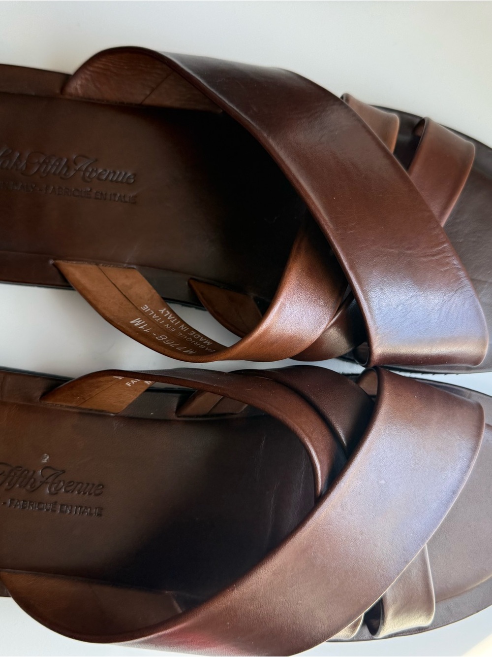 Saks Fifth Avenue Men's Brown Leather Crisscross Slide Sandals Sz 11M Italy